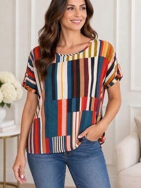 Striped Multi-Color Short Sleeve Top - Casual Women’s Tee